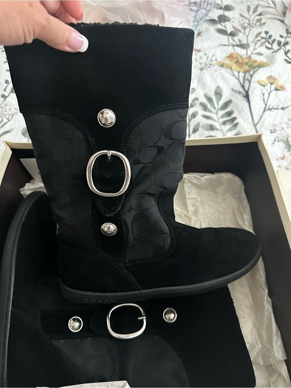 Coach Black Suede & Signature Logo Mid-Calf Boot with Silver Hardware